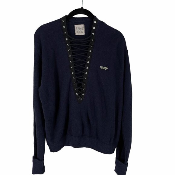 Furst of a Kind Repurposed Vintage 70's Fox Navy Lace Up Vee Pullover Sweater M - Picture 3 of 8